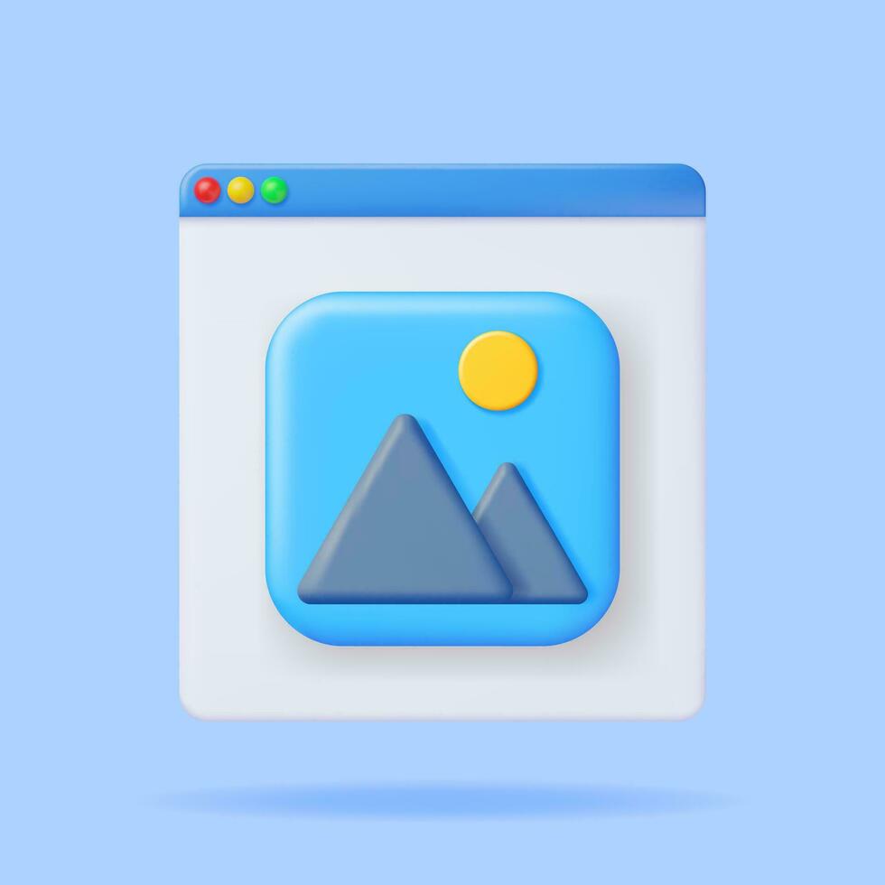 3D Gallery Icon in Browser Window Isolated. Minimal Mountains with Sun Under Blue Sky. Cartoon Render Photo Icon. App Image File. JPG Photo Symbol. Simple Geometric Element Design. Vector Illustration