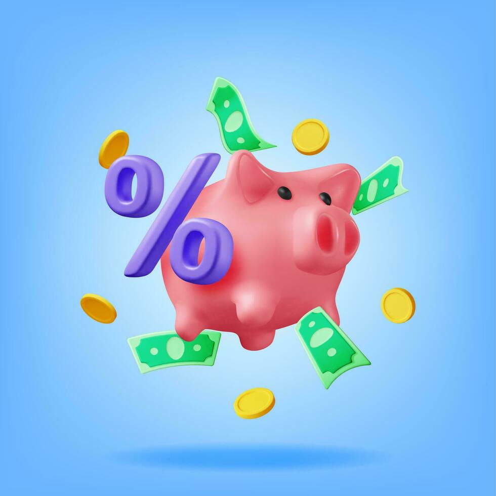 3D Piggy Bank with Coins and Percent Isolated. Render Plastic Piggy Bank for Money. Moneybox in Form of Pig. Concept of Cash Money, Business Deposit Investment, Financial Savings. Vector Illustration