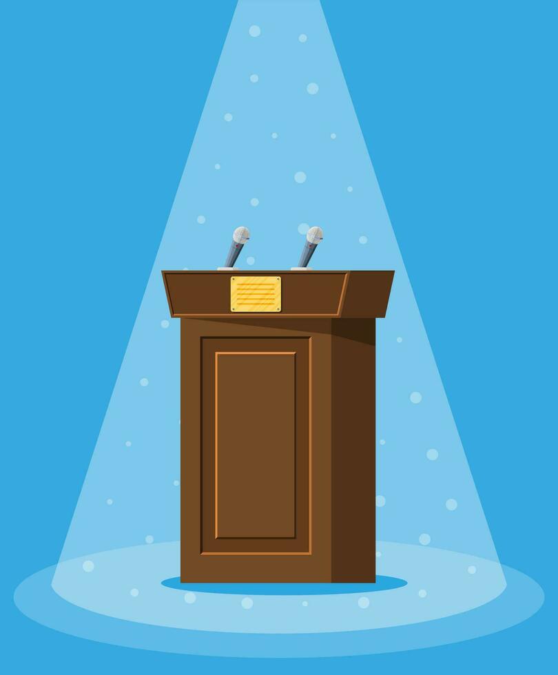 Brown wooden rostrum with microphones for presentation. Stand, podium for conferences, lectures or debates. Vector illustration in flat style