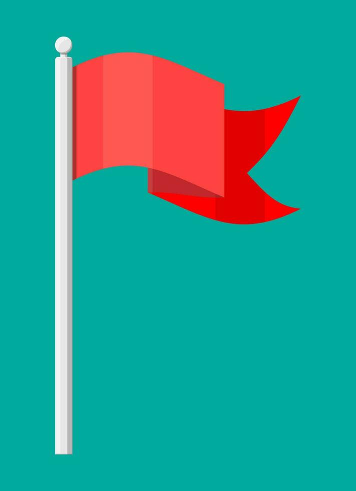Red flag on metal flagpole template. Clean horizontal waving flag. Vector illustration in flat style