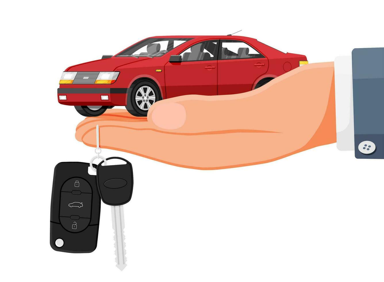 Passenger Car Side View. Sedan in Hand with Key. Modern City Car Isolated. Color Urban Vehicle. Automobile Concept on White Background. Cartoon Flat Vector Illustration