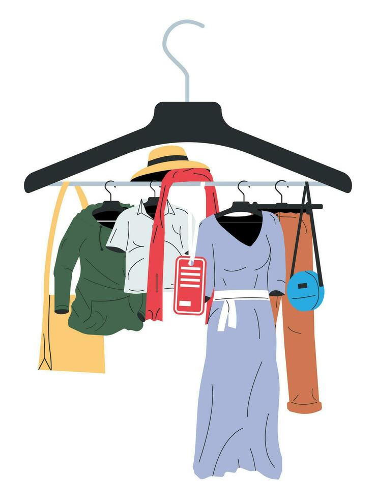 Clothes and Accessories Hanging on Hanger. Home or Shop Wardrobe. Clothes and Accessories. Various Hanging Clothing. Jacket, Shirt, Jeans, Pants, Bags and Hats. Cartoon Flat Vector Illustration