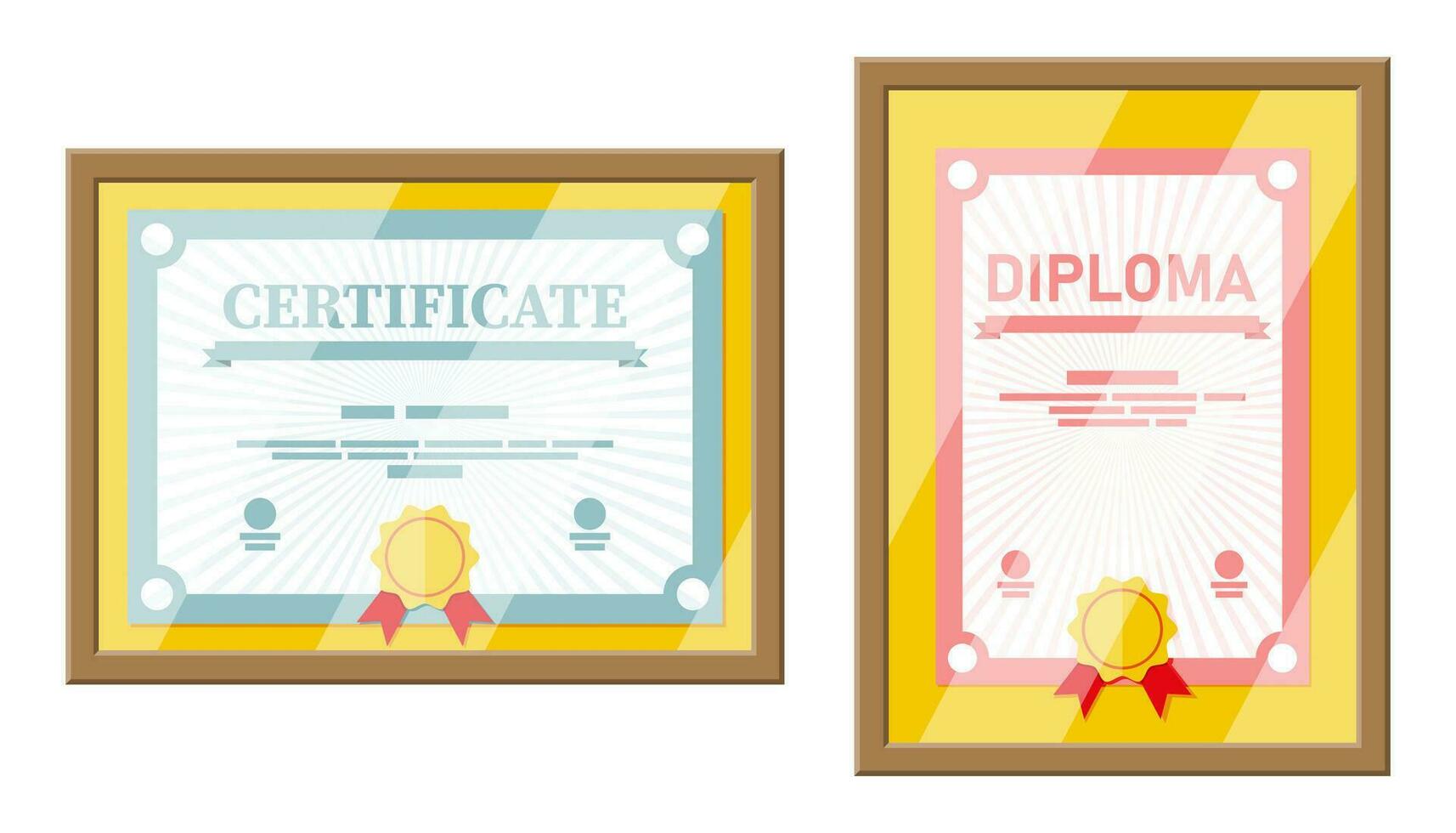 Certificate template in wooden frame. Diploma or accreditation with yellow stamp and red ribbons. Voucher or invitation. Graduation concept. Vector illustration in flat style