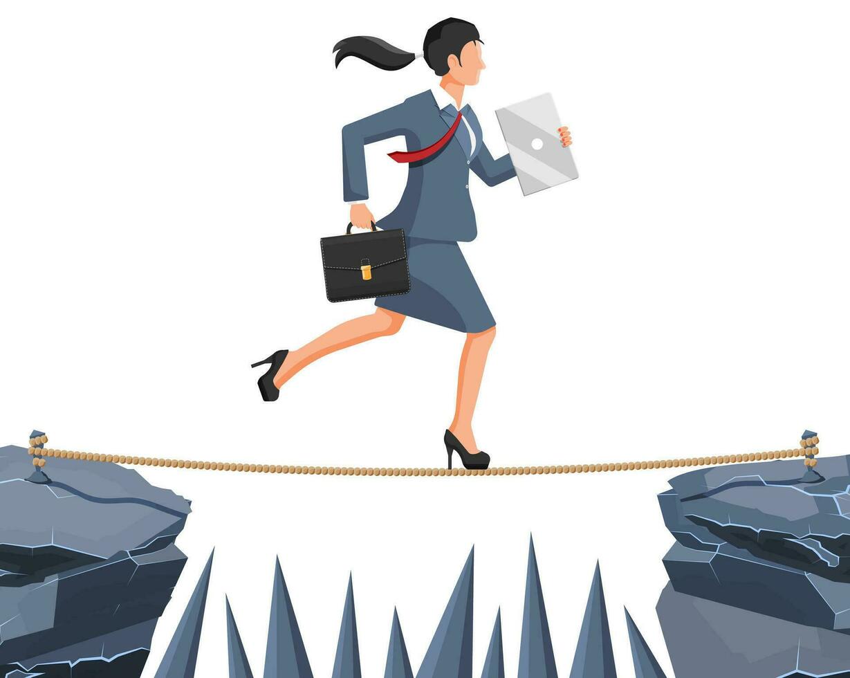 Businesswoman in suit walking on rope with briefcase. Business woman walking on tightrope gap. Obstacle on road, financial crisis. Risk management challenge. Vector illustration in flat style