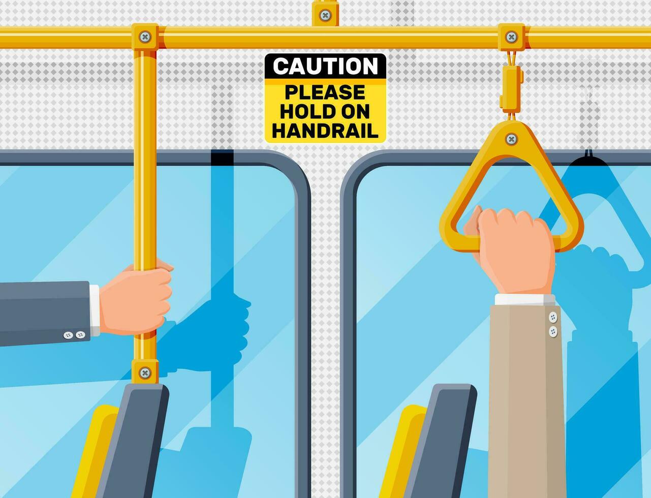 Hand holding handrail in transport. Handles for safety transportations of passengers in bus, metro, train. Straight and triangle yellow handle. Seats, windows and handrail. Flat vector illustration