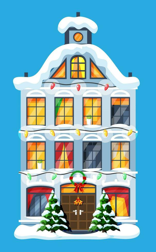City House Covered Snow. Building in Holiday Ornament. Christmas Tree Spruce, Wreath. Happy New Year Decoration. Merry Christmas Holiday. New Year and Xmas Celebration. Flat Vector Illustration