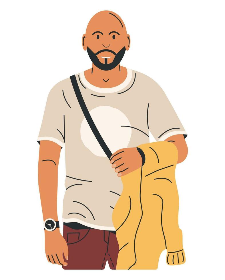 calvo joven hombre con barba con chaqueta en mano. elegante calvo barbado masculino personaje en casual ropa. de moda moderno hombre en pie pose. chico en camiseta, chinos. dibujos animados plano vector ilustración