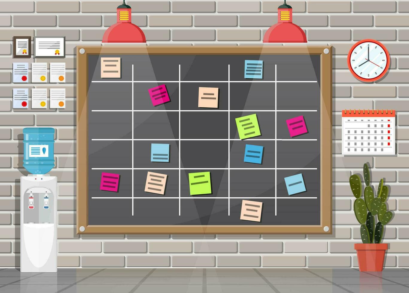 Scrum agile board in office interior. Bulletin board hanging on wall full of tasks on sticky note cards. List of event for employee. Development, team work, agenda to do list. Flat vector illustration