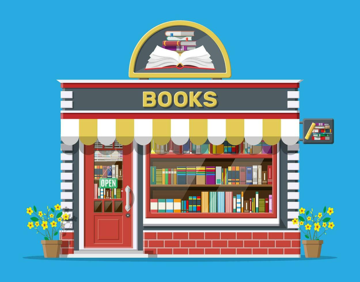 Bookstore shop exterior. Books shop brick building. Education or library market. Books in shop window on shelves. Street shop, mall, market, boutique facade. Vector flat style illustration.