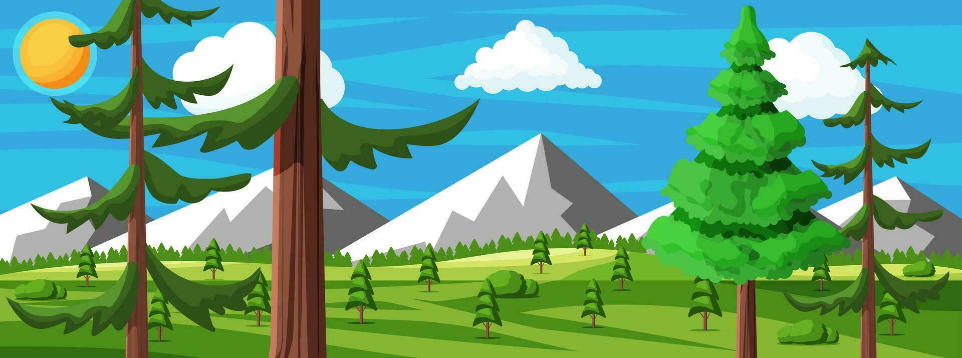 paisaje de montañas y verde sierras. verano naturaleza paisaje con rocas, bosque, césped, sol, cielo y nubes nacional parque o naturaleza reservar. vector ilustración en plano estilo