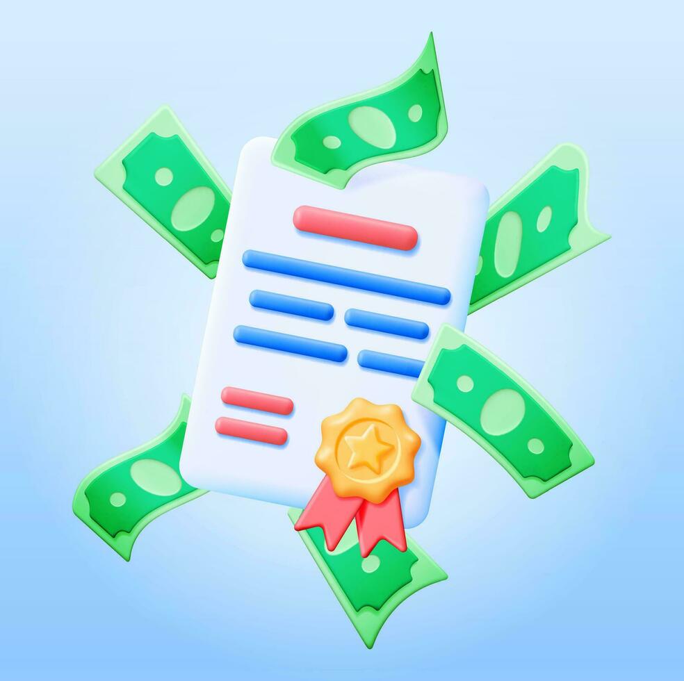 3D Certificate with Stamp and Money Isolated. Render White Diploma with Badge and Dollars. Diploma or Accreditation. Voucher or Invitation. Business Graduation Grant. Vector Illustration