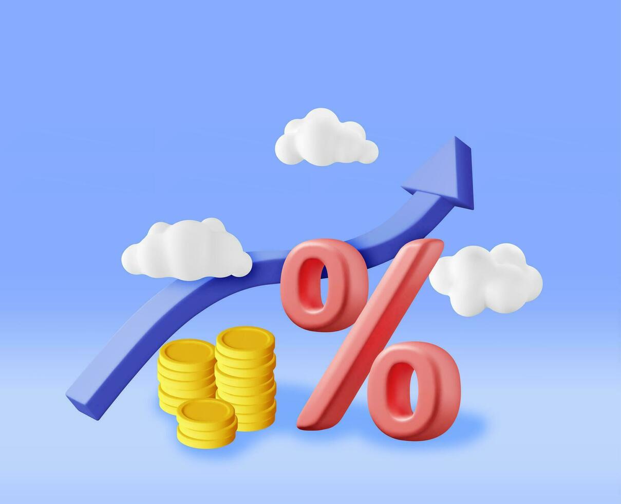 3D Growth Stock Chart Arrow with Golden Coins. Render Stock Arrow with Money and Percentage Symbol. Financial Item, Business Investment Financial Market Trade. Money and Banking. Vector Illustration
