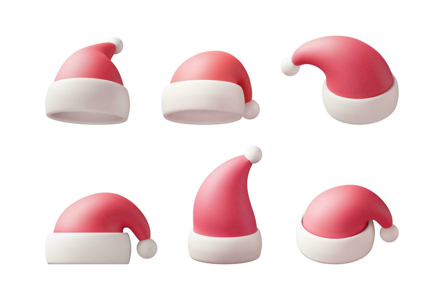 3D Red Santa Claus Hat Set Isolated. Render Collection of Hat with Fur and Pompon. Happy New Year Decoration. Merry Christmas Clothes Holiday. New Year and Xmas Celebration. Vector Illustration