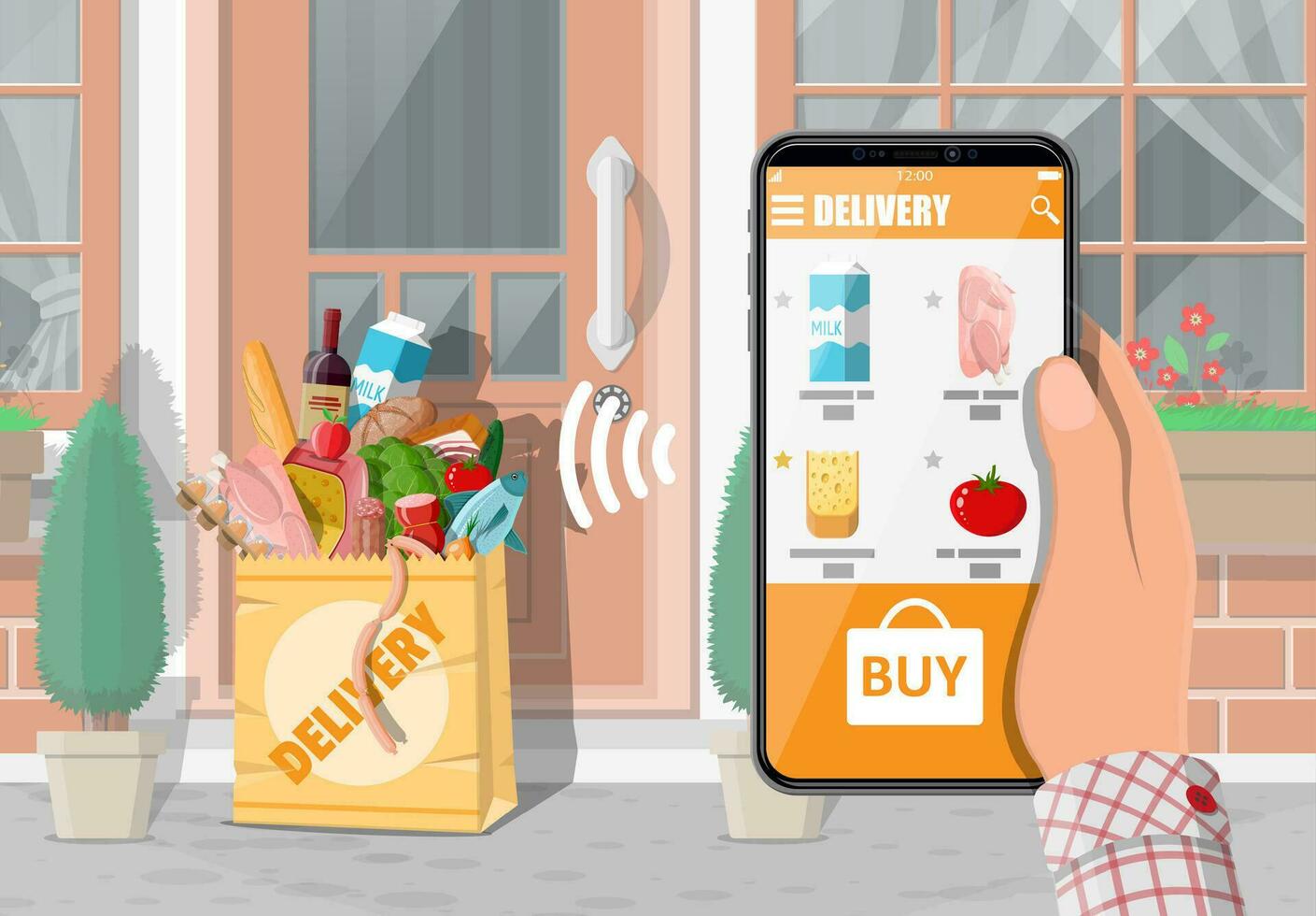 Paper bag of groceries left at door of living house. Food delivery from shop, cafe, restaurant. Grocery products express delivery. Bread, meat, milk, fruit vegetable, drinks. Flat vector illustration
