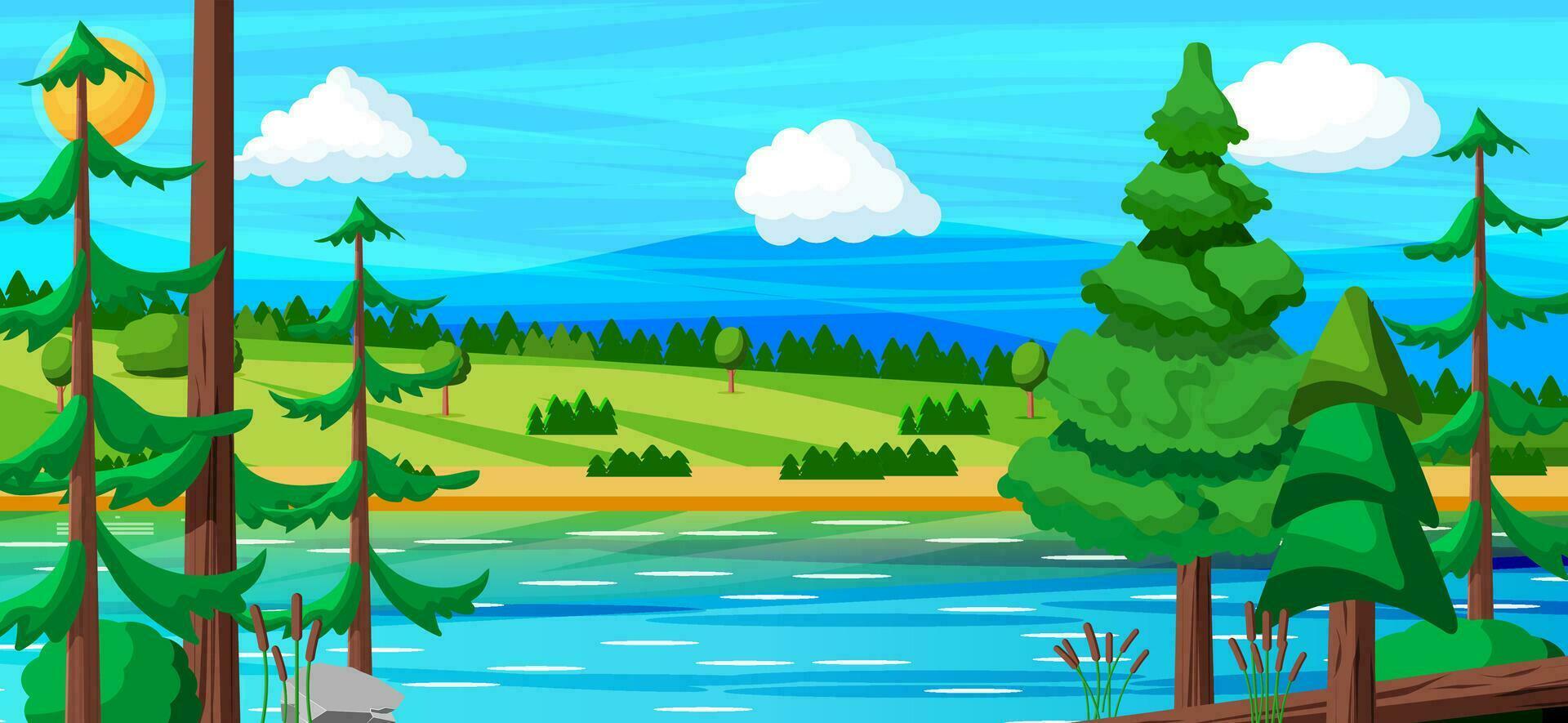 paisaje de colinas y río. verano naturaleza paisaje con bosque, césped, sol, cielo, lago y nubes nacional parque o naturaleza reservar. vector ilustración en plano estilo