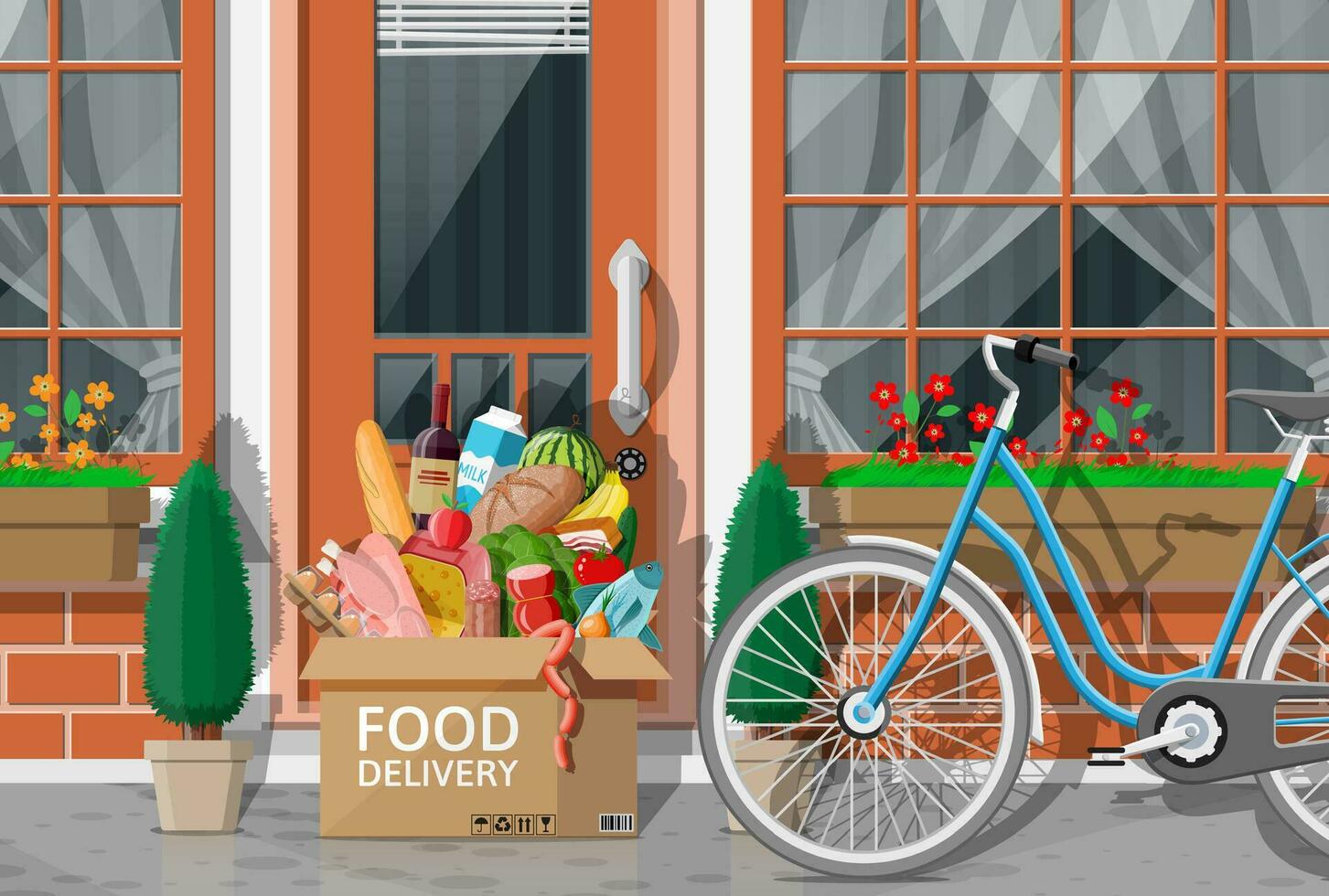 Cardboard box of groceries left at door of living house. Food delivery from shop, cafe, restaurant. Grocery products express delivery. Bread, meat, milk fruit vegetable drink. Flat vector illustration