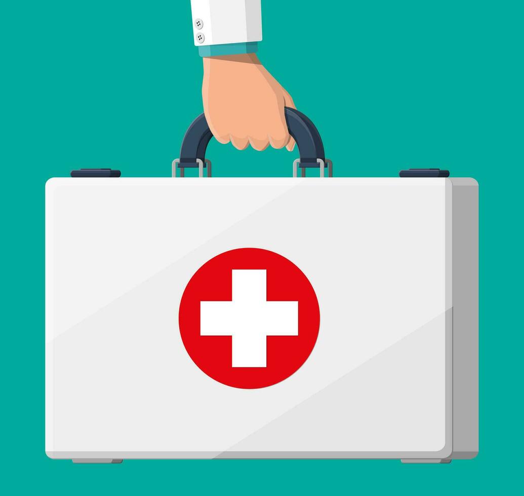 First aid kit in hand. Plastic bag for medicine. Healthcare, hospital and medical diagnostics. Urgency and emergency services. Vector illustration in flat style