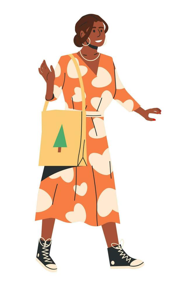 africano americano mujer participación paño eco bolsa. elegante negro piel niña en verano vestir y comprador bolso aislado. elegante sonriente hembra personaje en casual ropa. dibujos animados plano vector ilustración