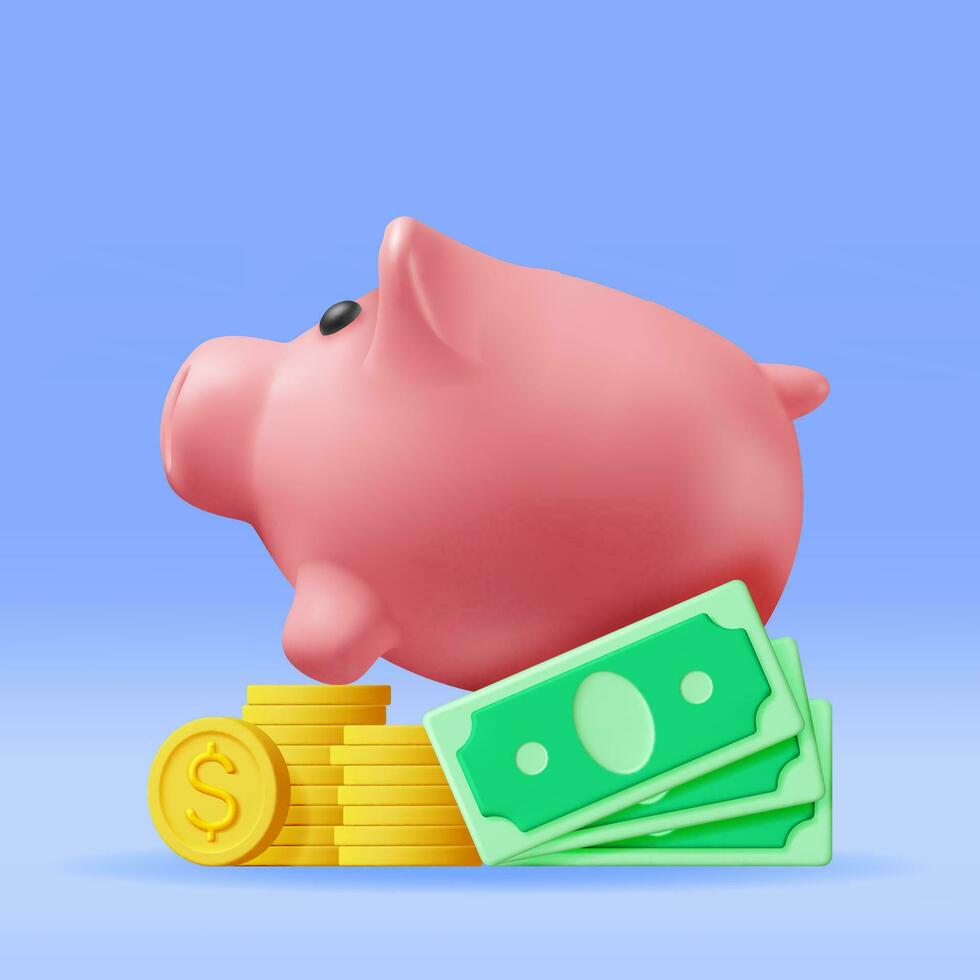 3D Piggy Bank with Coins and Banknotes. Render Plastic Piggy Bank for Money. Moneybox in Form of Pig. Concept of Cash Money, Business Deposit Investment, Financial Savings. Vector Illustration