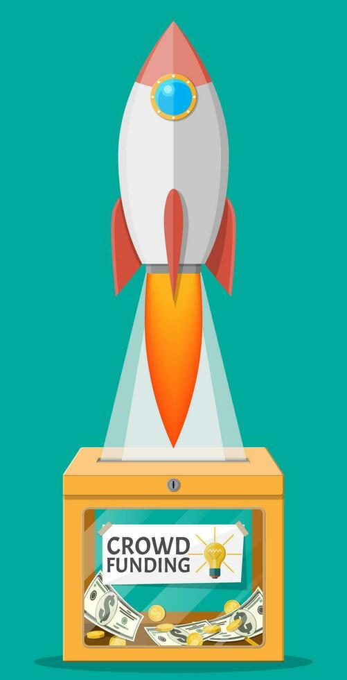 Box, space rocket and money. Funding project by raising monetary contributions from people. Crowdfunding concept, startup or new business model. Vector illustration in flat style