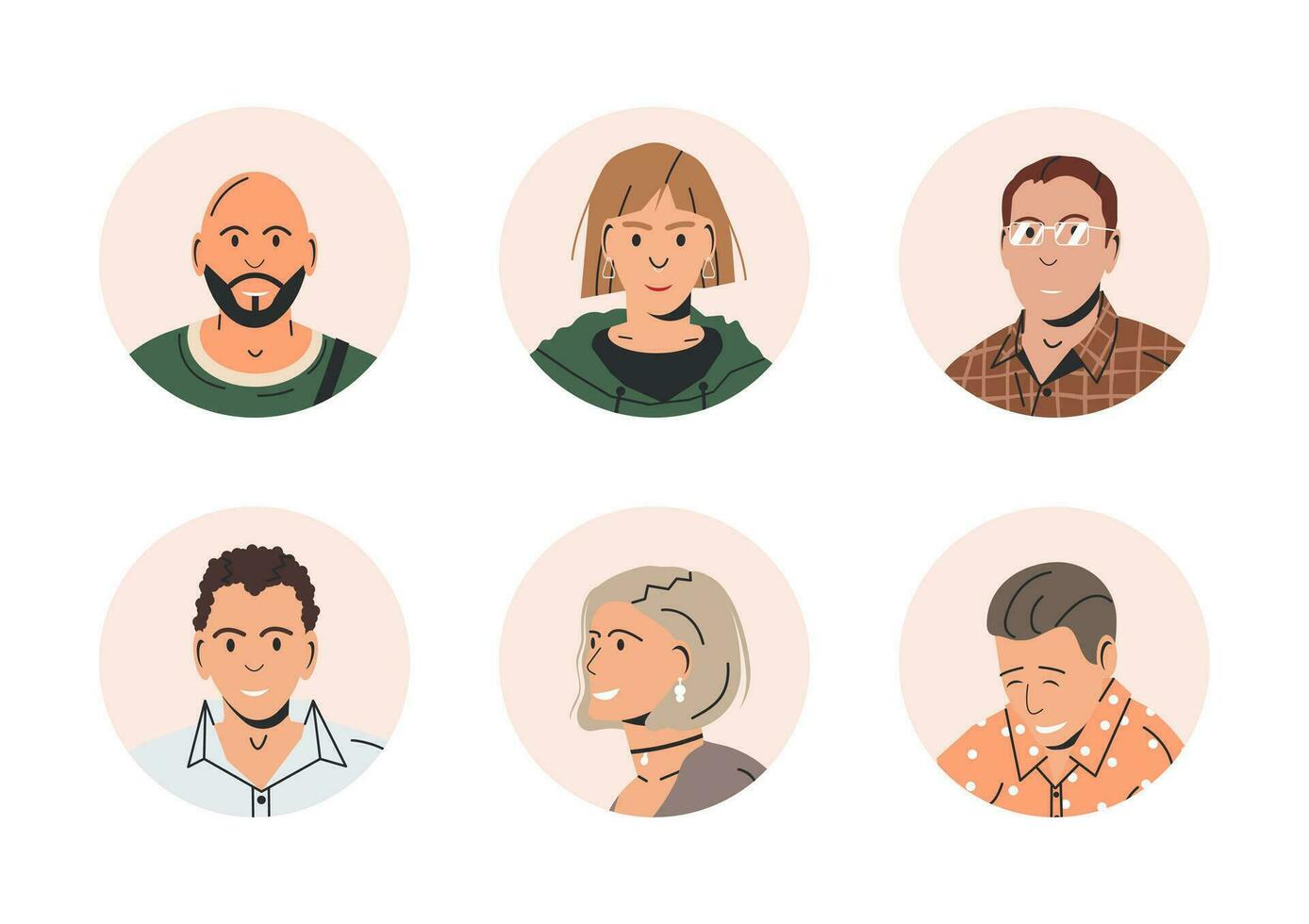 Different People Avatars. Set of Circle User Portraits. Male and Female Characters. Man and Woman in Trendy Outfit. Guys and Girls with Different Hairstyles and Ethnicities. Flat Vector Illustration