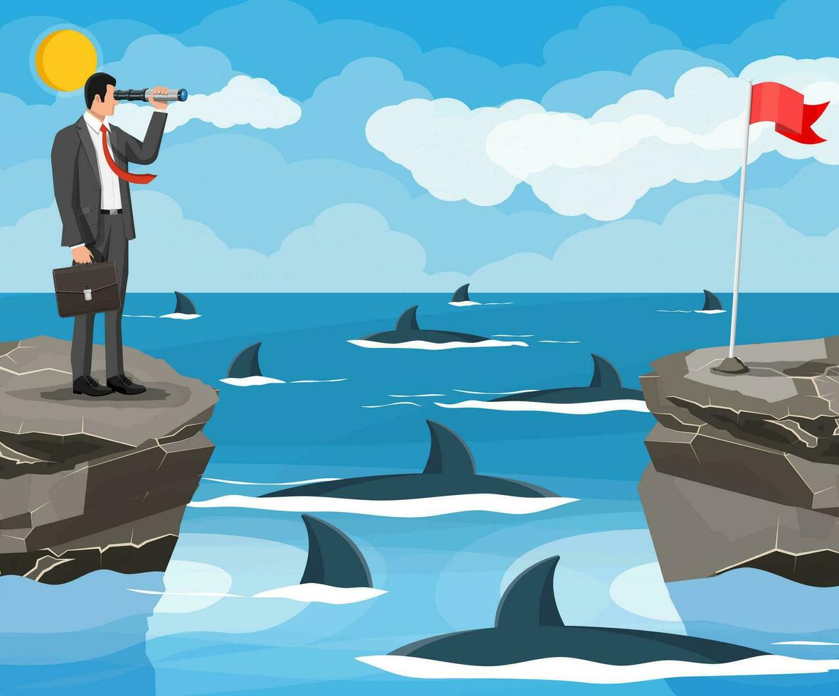 Businessman with spyglass on tiny island in sea and surrounded by sharks. Obstacle on work, financial crisis. Risk management. Success, achievement, vision career goal. Flat vector illustration