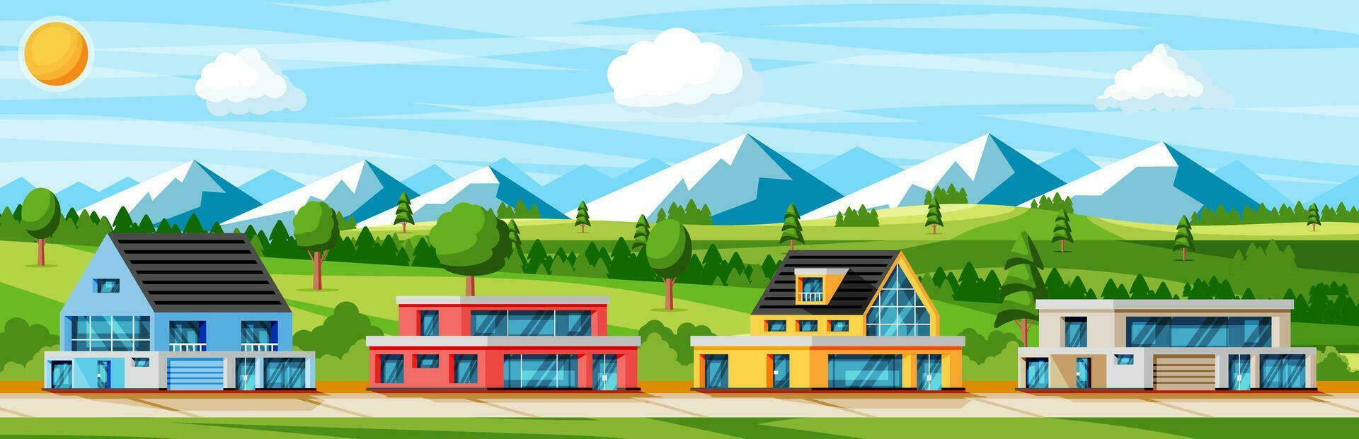 Landscape with Residential Cottage or Countryside Building Exterior. Facade with Trees and Garden Front Yard. Modern Suburban House in Mountains. Real Estate Concept. Cartoon Flat Vector Illustration