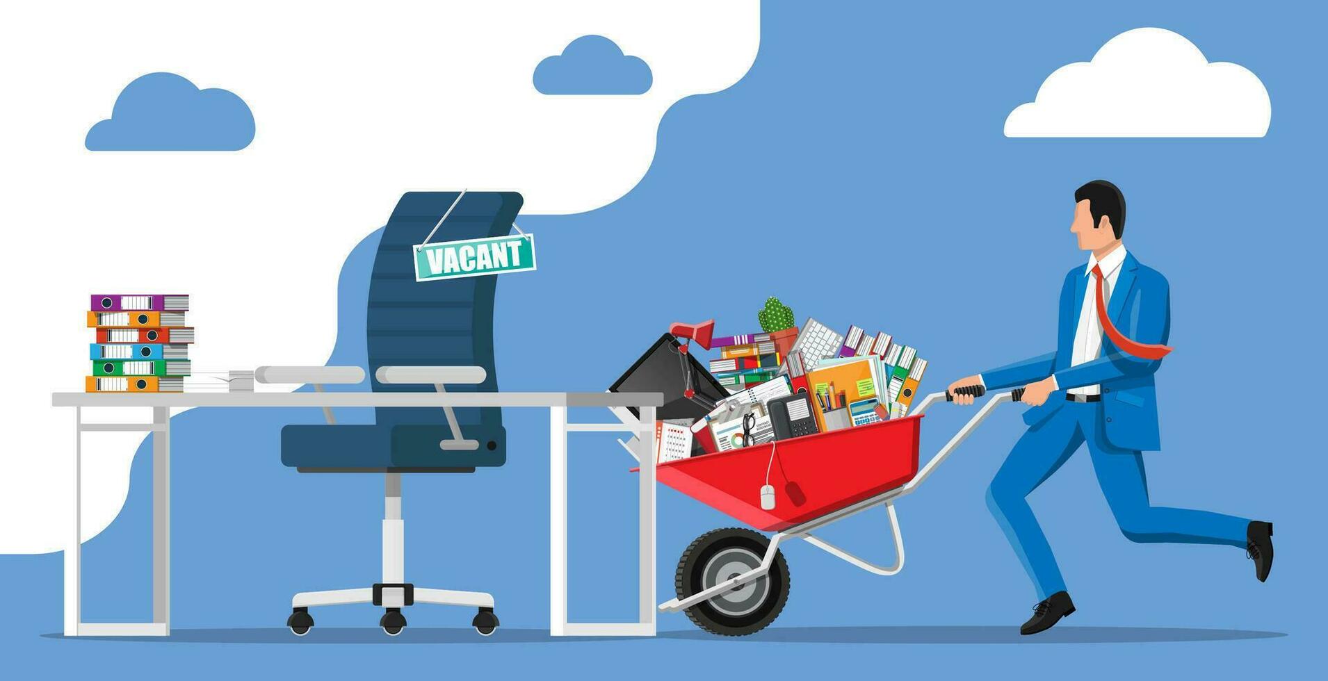 Office desk chair, sign vacancy. Employee with wheelbarrow with office goods. Hiring and recruiting. Human resources management, searching professional staff, work, resume. Flat vector illustration