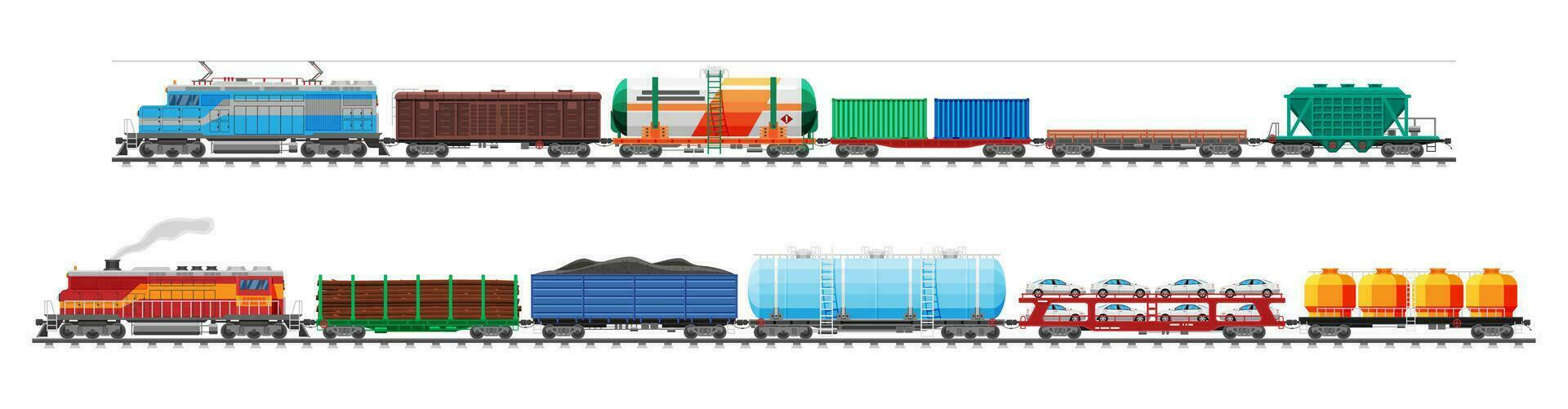 Set of train cargo wagons, cisterns, tanks and cars. Railroad freight collection. Flatcar, boxcar, car carriage. Industrial carriages, side view. Cargo rail transportation. Flat vector illustration