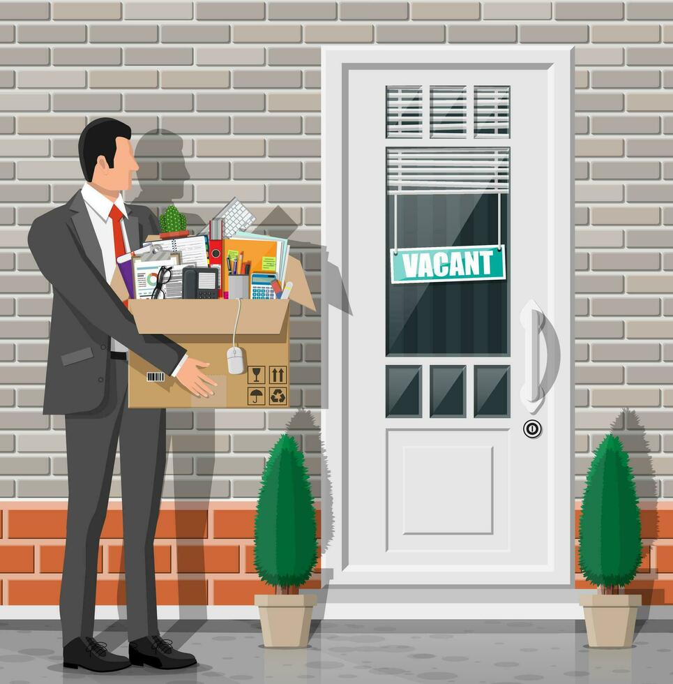 Office door with vacancy sign. Employee with box with office goods. Hiring and recruiting. Human resources management, searching professional staff, work. Found right resume. Flat vector illustration