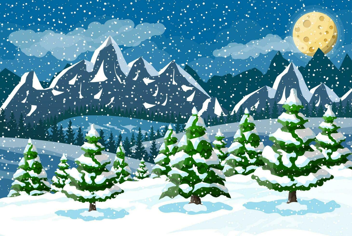 Winter christmas background. Pine tree wood and snow. Winter landscape with fir trees forest, mountain and snowing. Happy new year celebration. New year xmas holiday. Vector illustration flat style