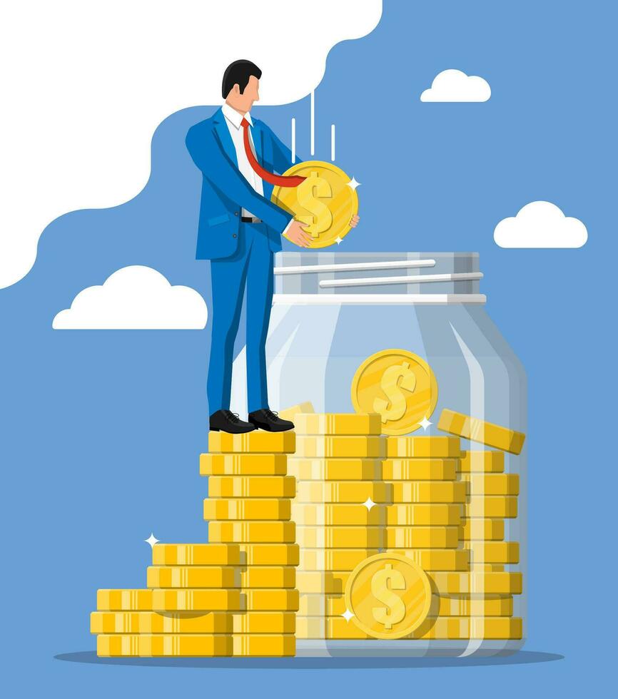 Businessman putting big dollar coin in moneybox. Glass money jar full of gold coins. Growth, income, savings, investment. Symbol of wealth. Business success. Flat style vector illustration.