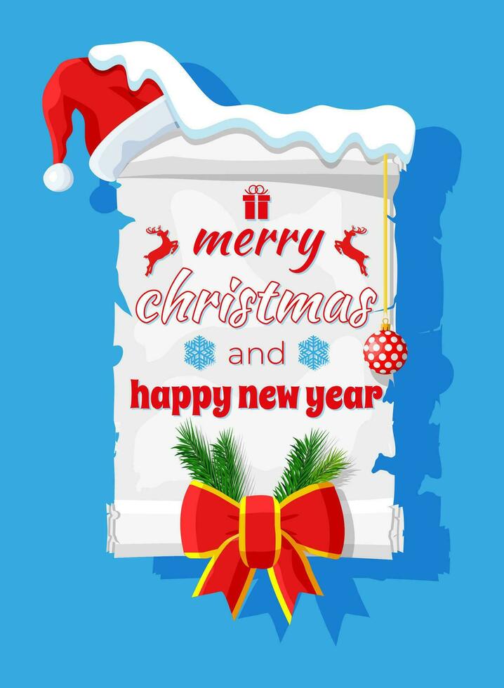 Old Christmas Parchment Scroll with Red Santa Claus Hat and Bow. Happy New Year Decoration. Merry Christmas Holiday. New Year and Xmas Celebration. Vector Illustration Flat Style
