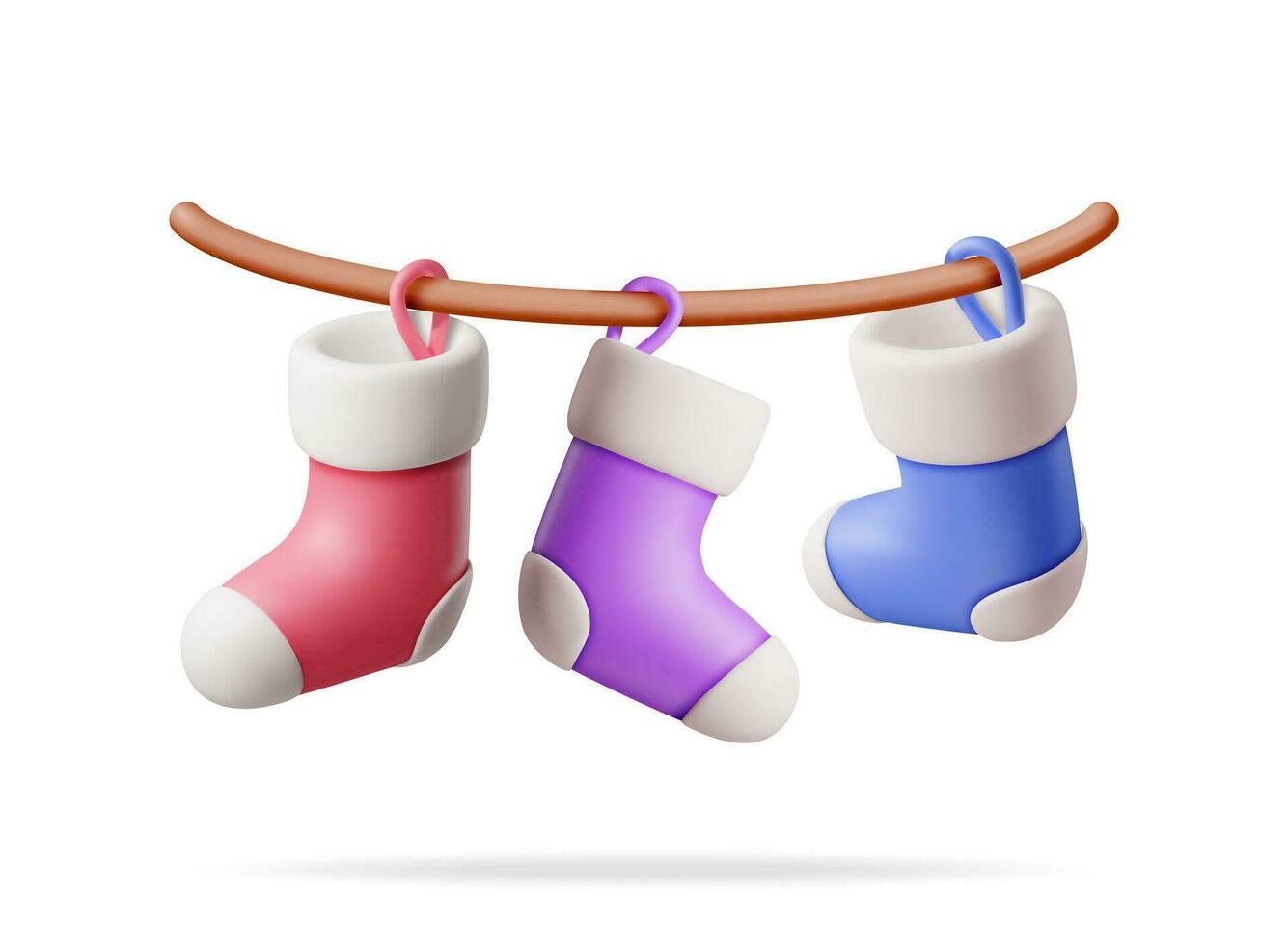 3D Christmas Stocking on Rope, Color Sock Isolated. Render Christmas Cloth Socks. Hanging Holiday Decorations for Gifts. New Year and Xmas Celebration. Realistic Vector Illustration