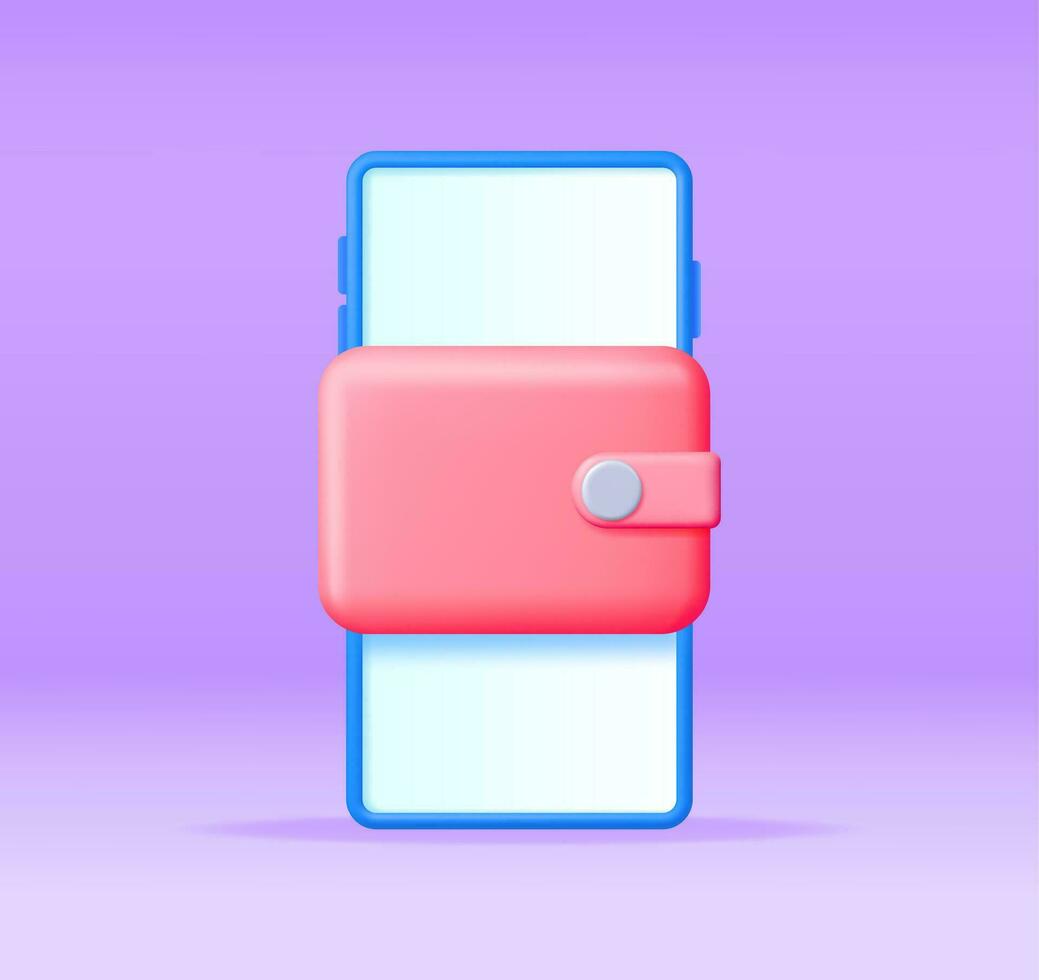 3D Leather Wallet on Mobile Phone Screen Isolated. Render Wallet or Purse in Smartphone App. Online Banking or Cashless Payment Concept. Money Transfer and Exchange, Shopping. Vector Illustration