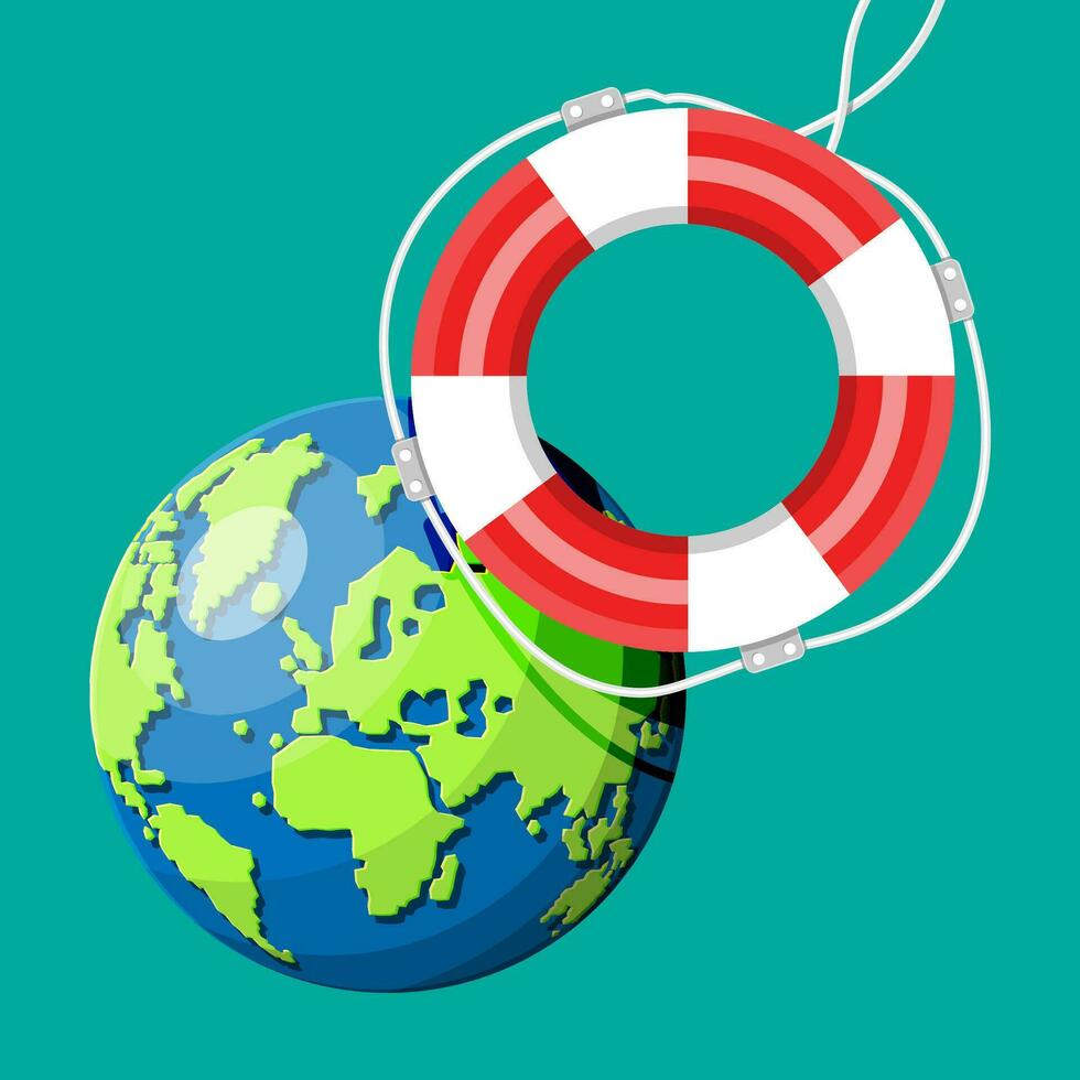 Planet earth getting lifebuoy ring. Save the world concept. Respect for nature and environment. Protecting globe. Cartography and geography, globe. Flat vector illustration