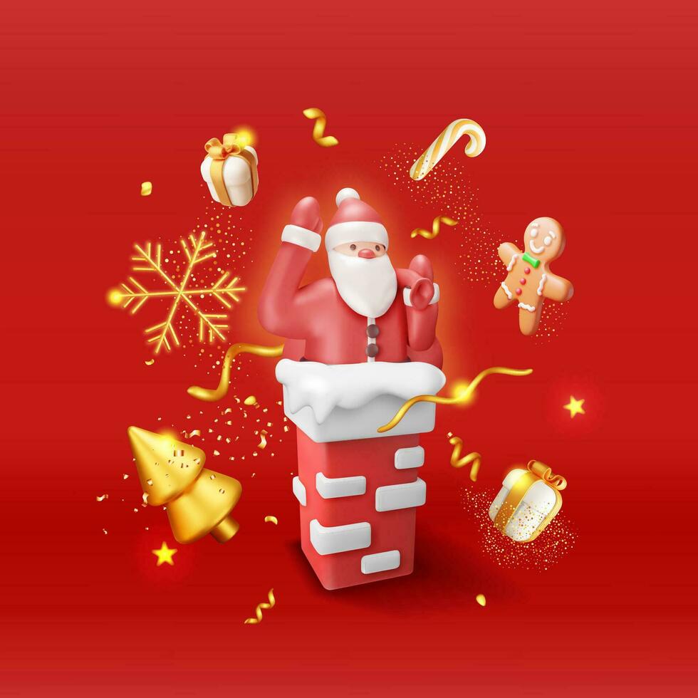 3d Papa Noel claus con bolso con regalos en casa Chimenea bandera. hacer dibujos animados Papa Noel atascado en tubo. alegre Navidad víspera día festivo. nuevo año y Navidad celebracion. realista vector ilustración