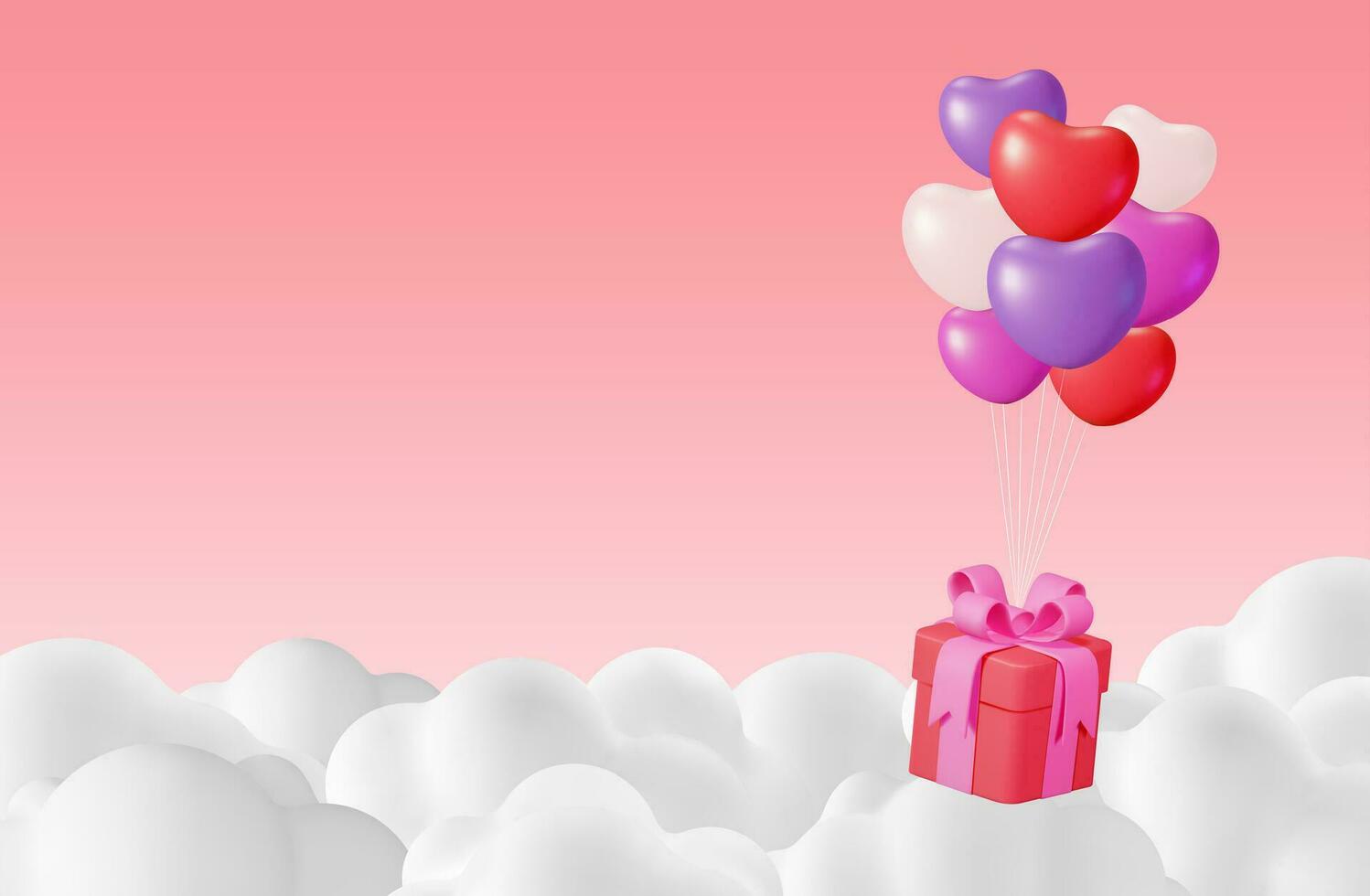 3D Gift Box with Heart Balloons in Clouds on Pink Background. Render Giftbox Icon. Valentine Day, Birthday Card, Product Display Presentation Advertisement. Realistic Vector Illustration