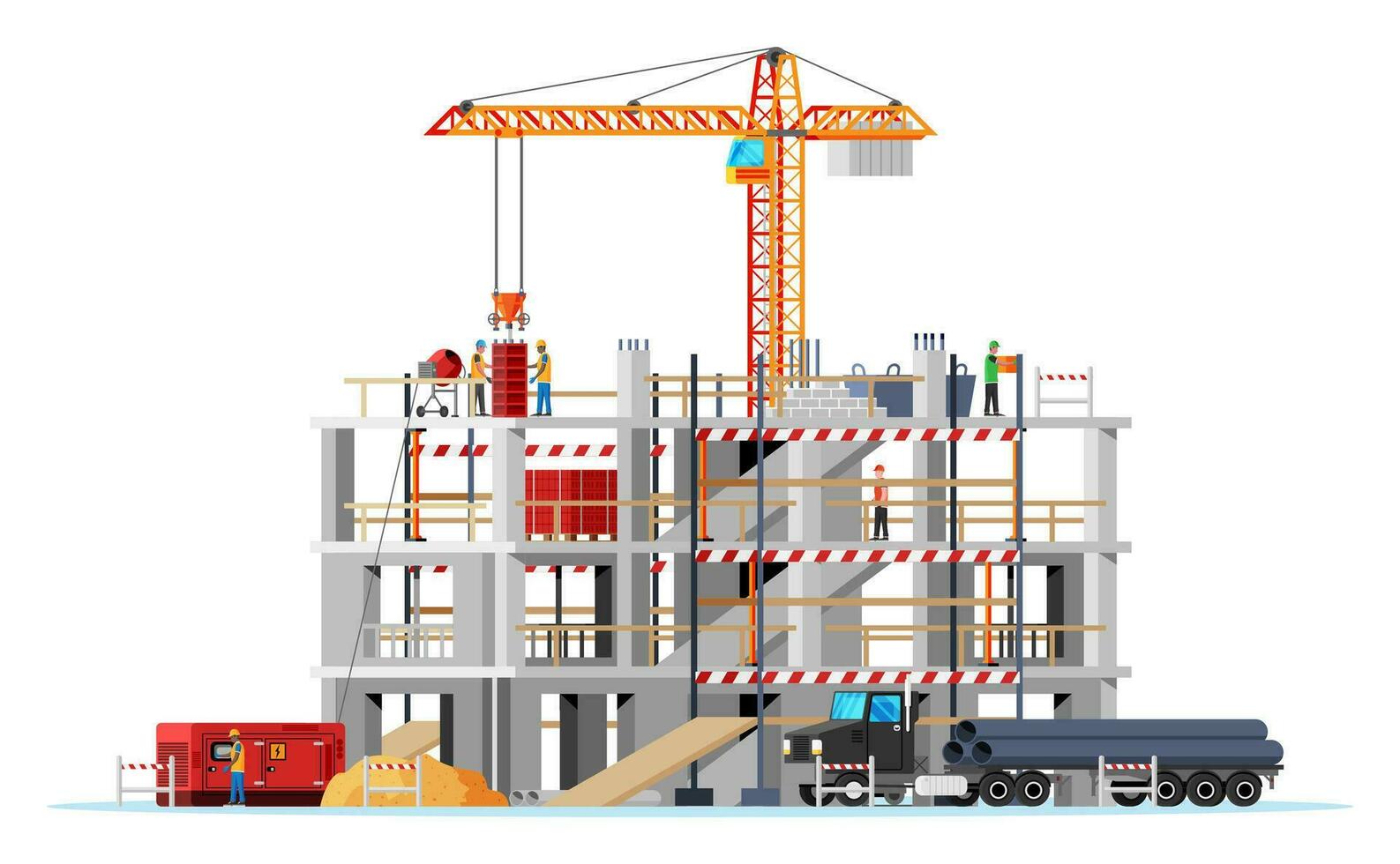 construcción sitio bandera. camión auto, trabajadores, hormigón pila de algo, torre grua. debajo construcción diseño antecedentes. edificio materiales y equipo. dibujos animados plano vector ilustración