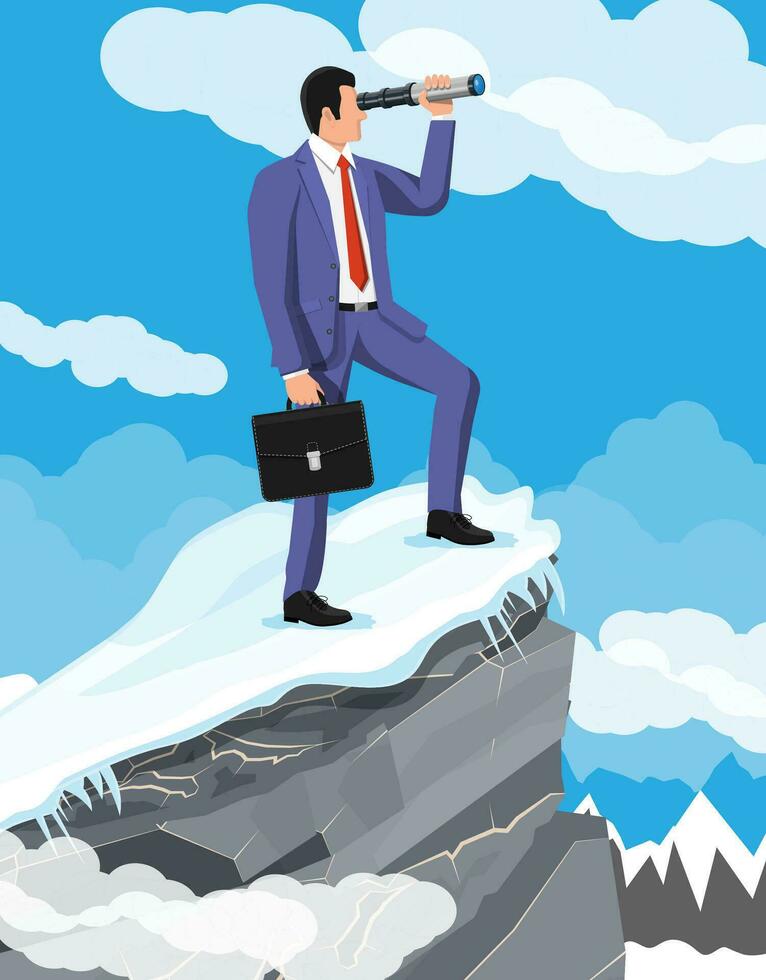 Businessman with briefcase looking for opportunities in spyglass. Business man look up to the target on mountain. Success, achievement, business vision career goal. Flat vector illustration