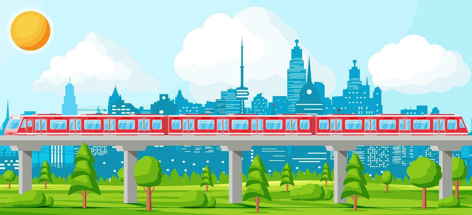 Skytrain and Landscape with Cityscape. Super Streamlined Train. Passenger Express Railway Locomotive. Monorail Railroad Public Transportation. Rapid Transport Subway. Flat Vector Illustration