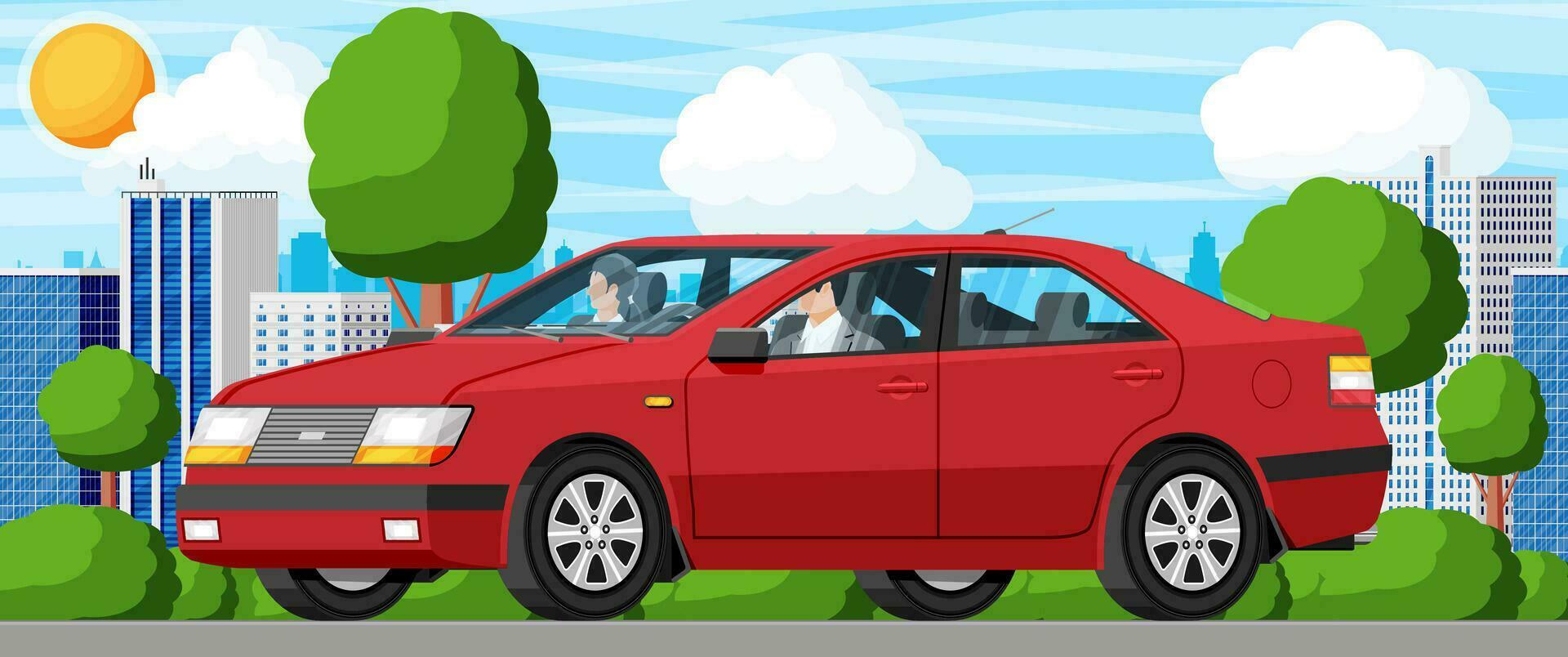 Modern Red Car and City Street with Green Trees. Sedan Vehicle with Driver and Passenger. Road Over Houses And Buildings Landscape. Urban Transportation. Flat Vector Illustration