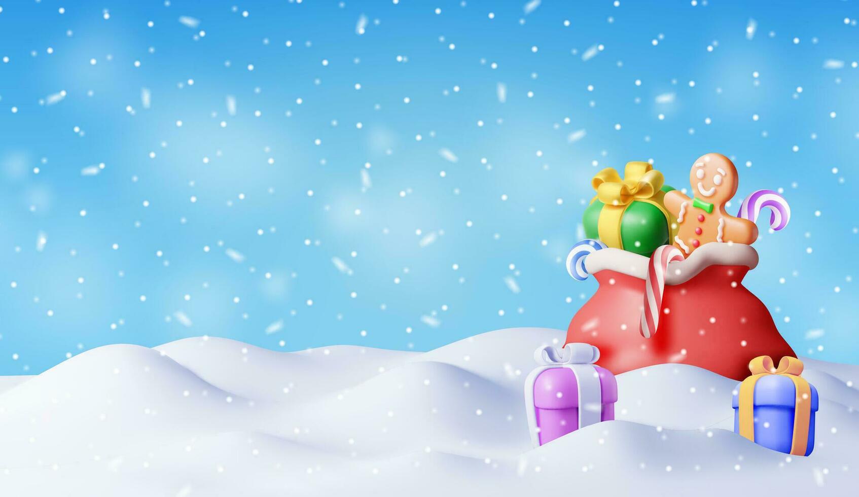3d abierto Papa Noel claus saco lleno de regalos en nieve. hacer rojo paño bolso para presenta contento nuevo año decoración. alegre Navidad día festivo. nuevo año Navidad celebracion. realista vector ilustración