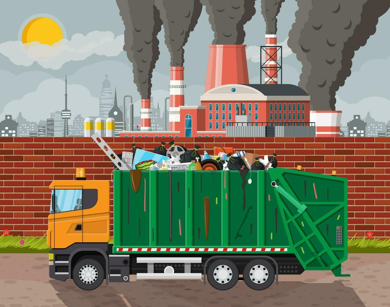 Plant smoking pipes. Smog in city. Trash emission from factory. Grey sky polluted trees grass. Garbage truck full of trash. Environmental pollution ecology nature. Vector illustration flat style