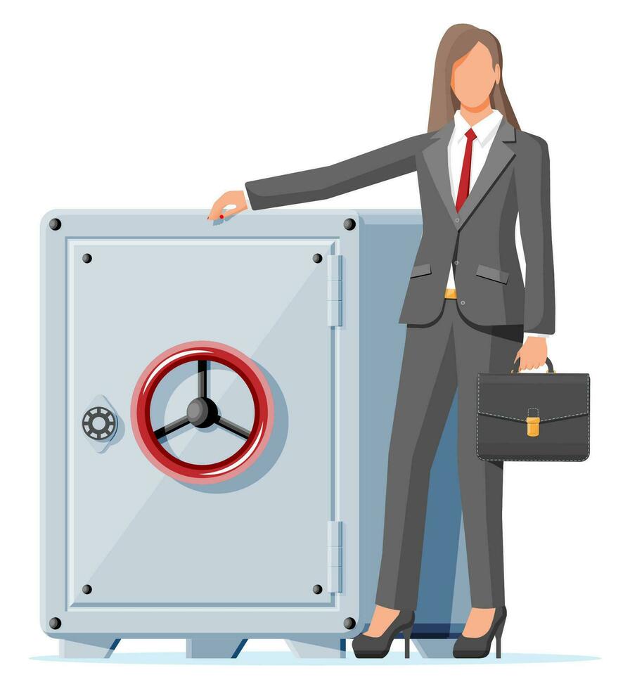 Businesswoman and metallic safe box with closed door for money. Bank vault security, deposit storage, cash safety safebox. Vector illustration in flat style