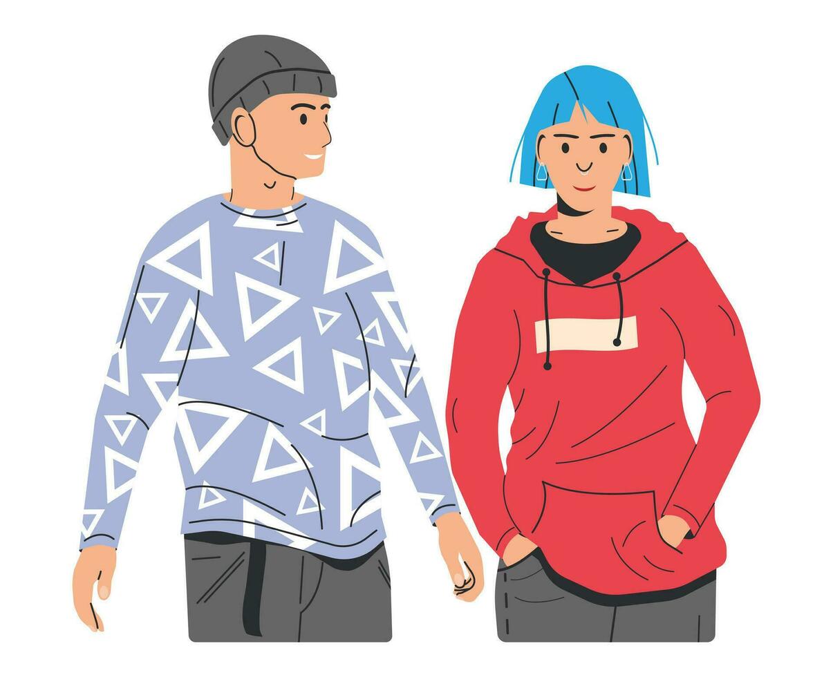 Women in Hoodie and Man in Hat Isolated. Fashion Girl with Blue Hairs. Trendy Man in Casual Clothes. Fashionable Lifestyle. Stylish Couple Icon. Flat Vector Illustration