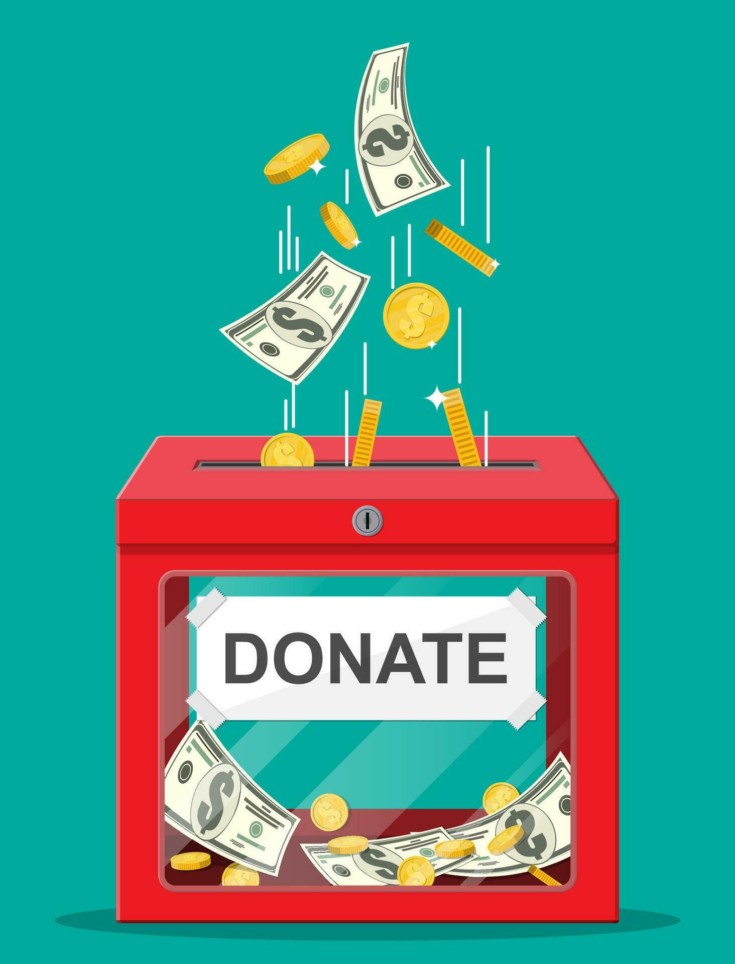 Donation box with golden coins and dollar banknotes. Charity, donate