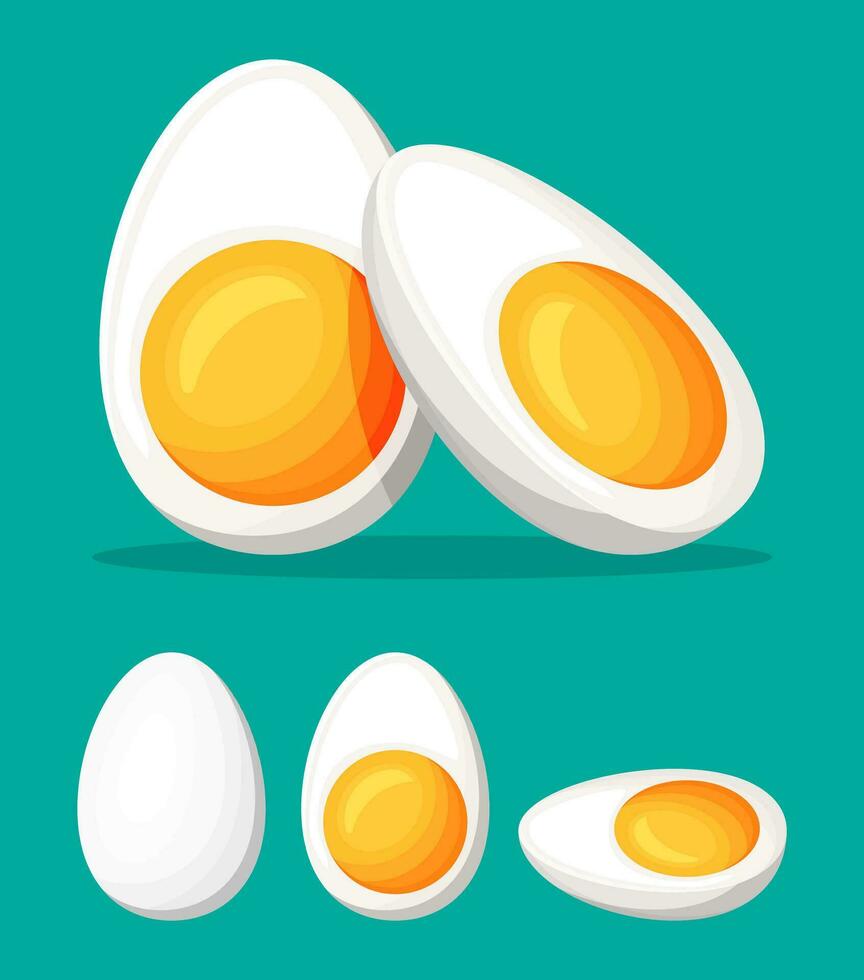 Boiled eggs cut into half isolated on green background. Cartoon egg icon. Dairy food and grocery. Easter mockup concept. Flat vector illustration.