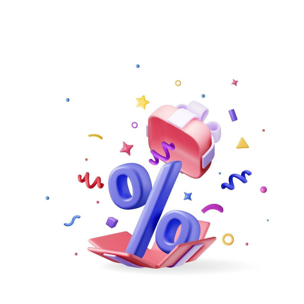 3D Opened Gift Box with Percentage Symbol Inside and Confetti. Render Gift Package with Percent Icon. Sale, Discount or Clearance Concept. Online or Retail Shopping Symbol.. Vector Illustration
