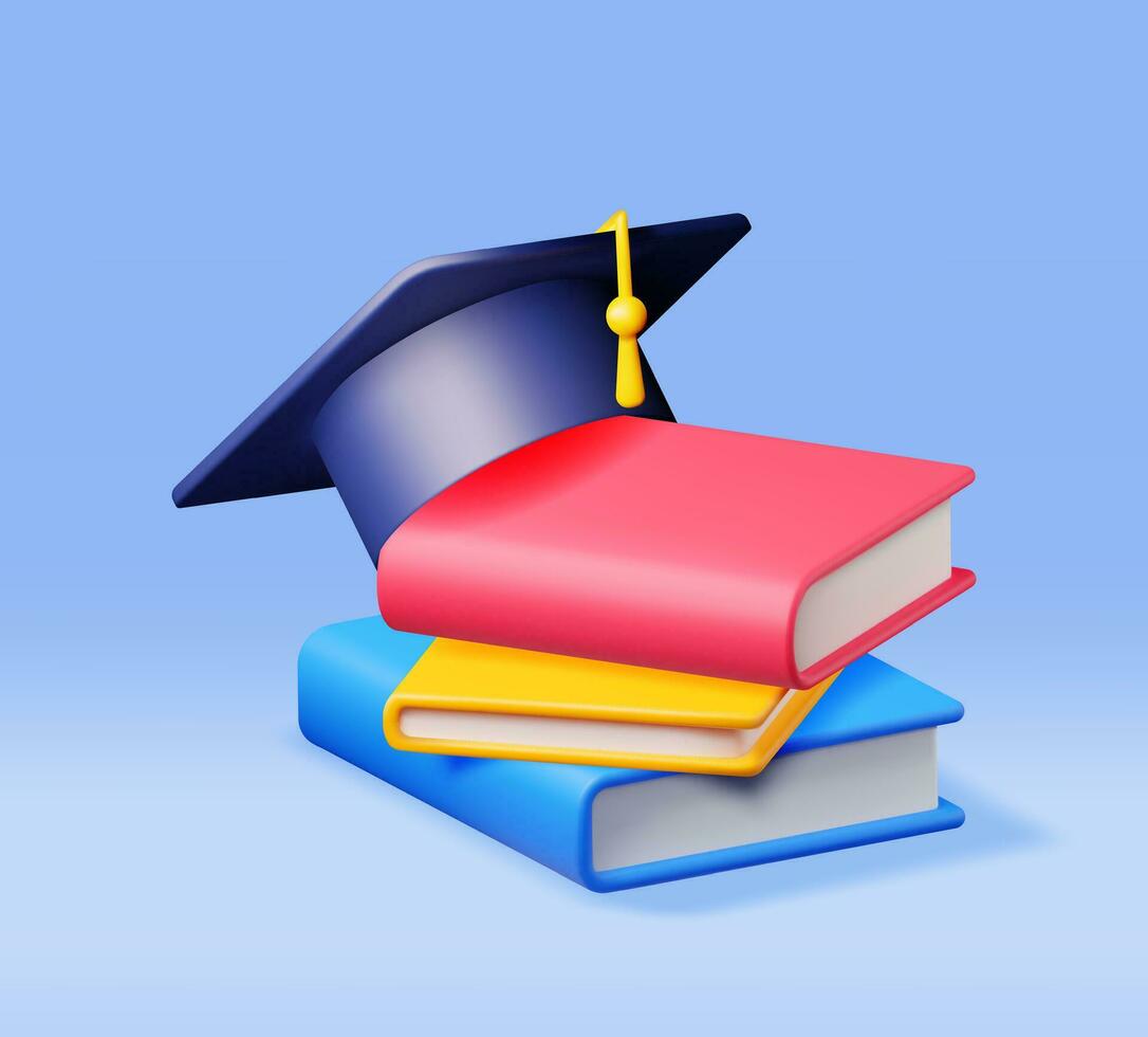 3D Graduation Cap and Pile of Books Isolated. Render Graduation Hat and Textbook. Education Symbol. Mortarboard Hat with Tassel. Education, Degree Ceremony Concept. Vector Illustration